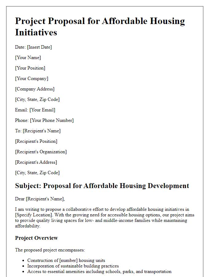 Letter template of real estate project proposal for affordable housing initiatives