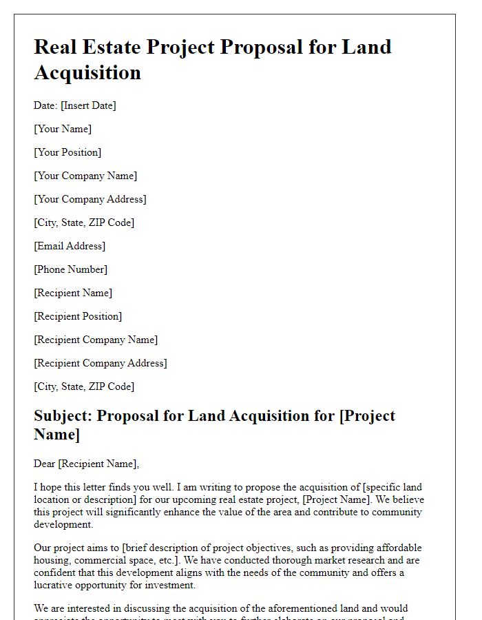 Letter template of real estate project proposal for land acquisition