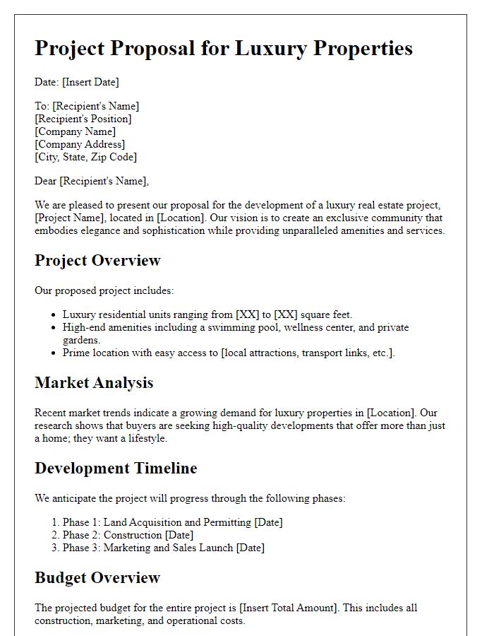 Letter template of real estate project proposal for luxury properties