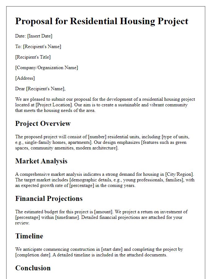 Letter template of real estate project proposal for residential housing