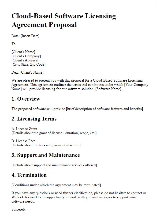 Letter template of cloud-based software licensing agreement proposal