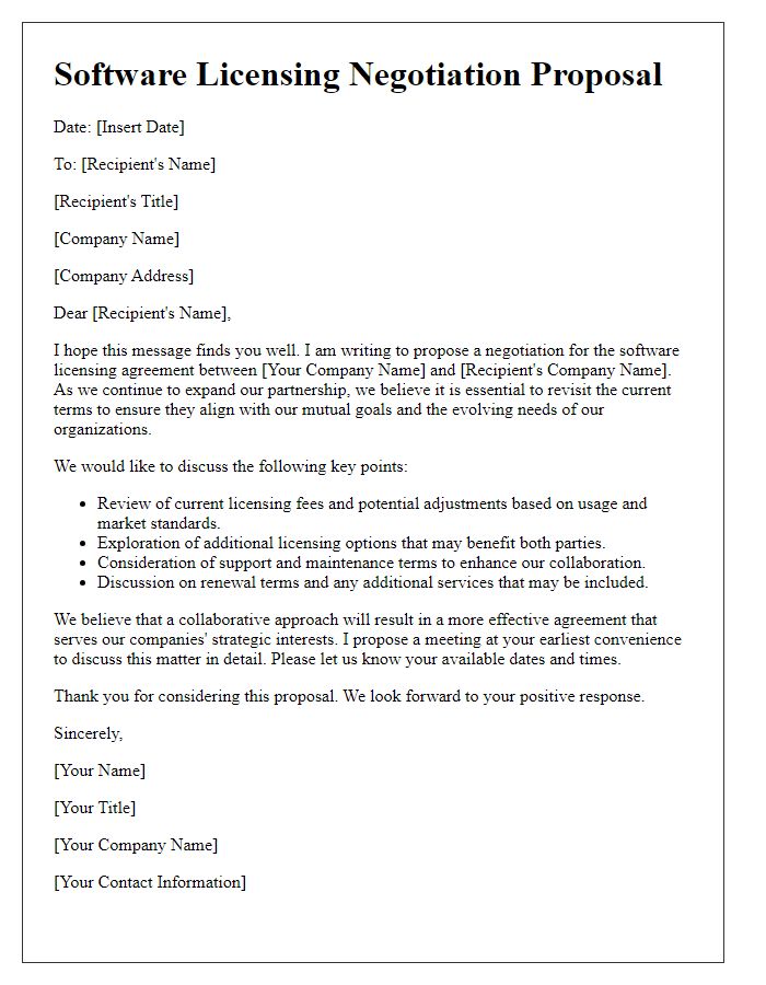 Letter template of software licensing negotiation proposal