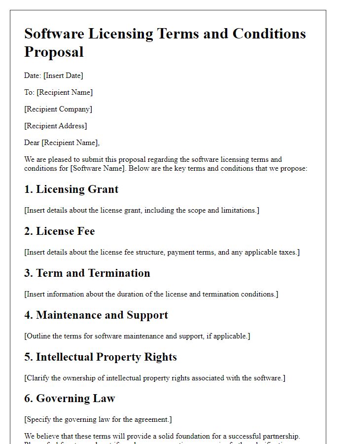 Letter template of software licensing terms and conditions proposal