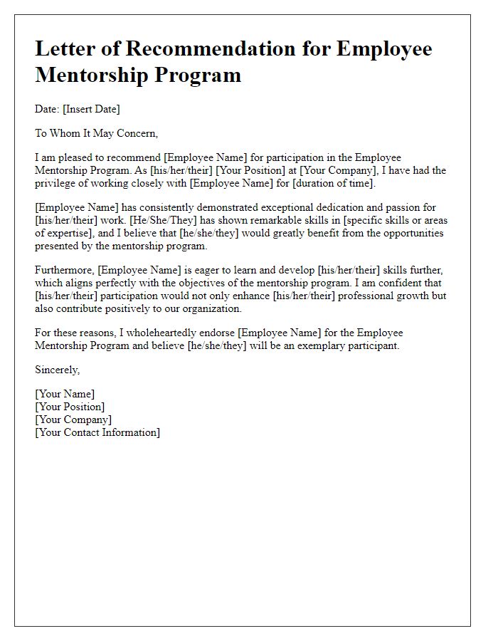 Letter template of employee mentorship program recommendation