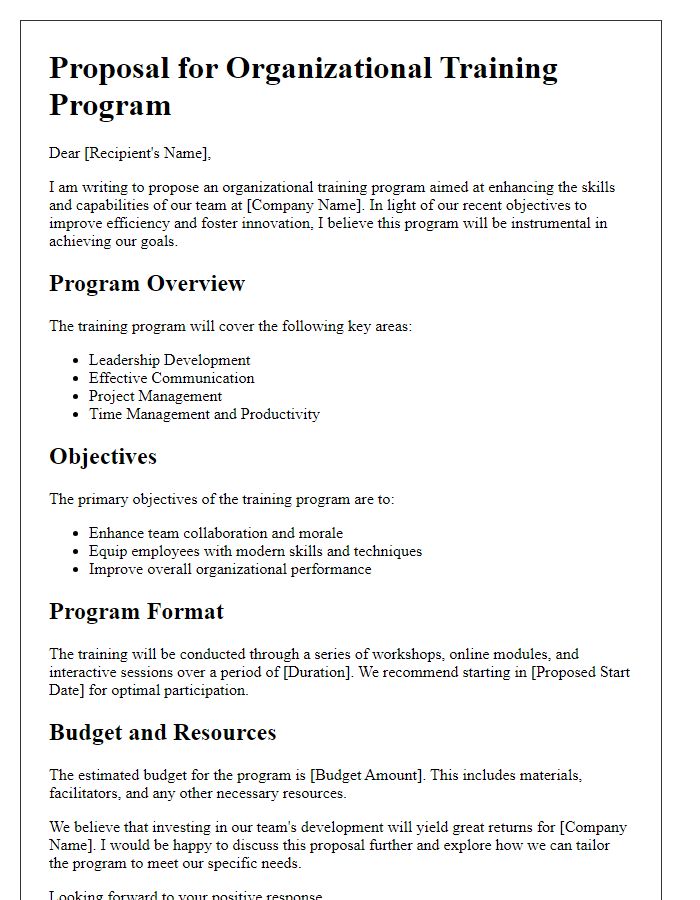 Letter template of organizational training program pitch