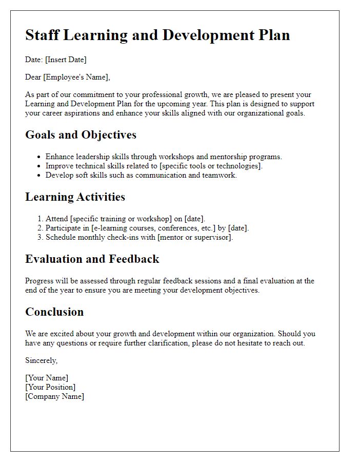 Letter template of staff learning and development plan