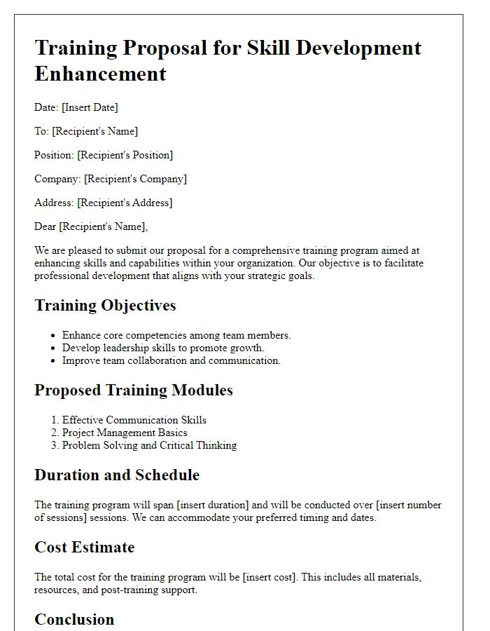 Letter template of training proposal for skill development enhancement