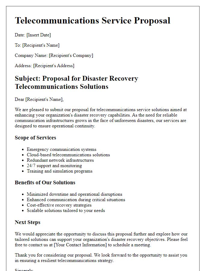 Letter template of telecommunications service proposal for disaster recovery solutions