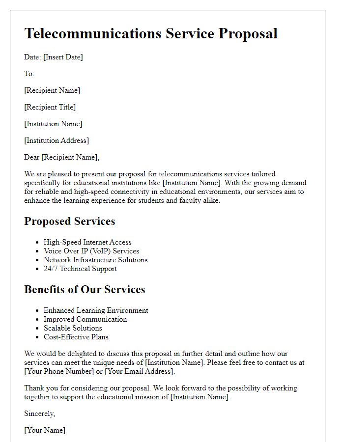 Letter template of telecommunications service proposal for educational institutions