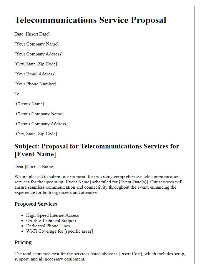 Letter template of telecommunications service proposal for event management services