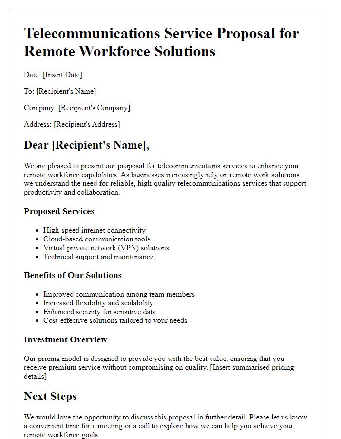 Letter template of telecommunications service proposal for remote workforce solutions