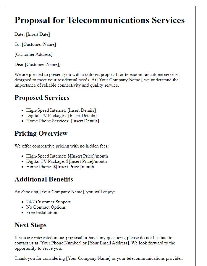 Letter template of telecommunications service proposal for residential customers