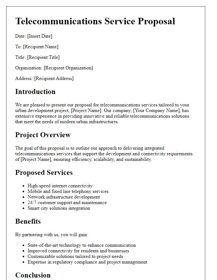 Letter template of telecommunications service proposal for urban development projects