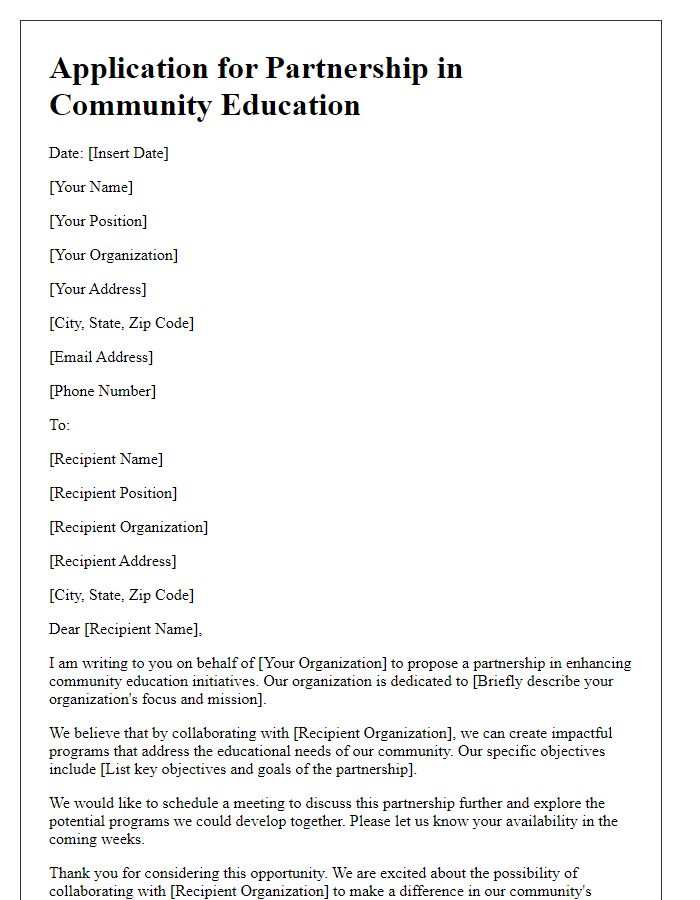 Letter template of application for partnership in community education.