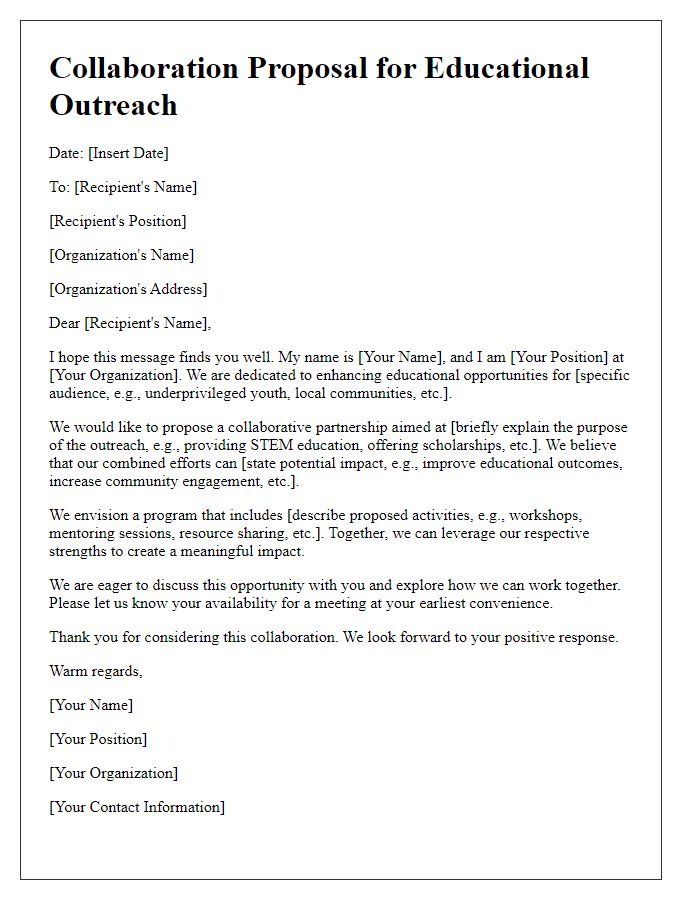 Letter template of collaboration proposal for educational outreach.