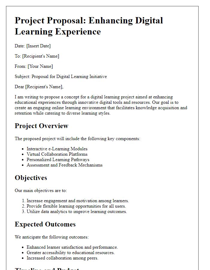 Letter template of concept for digital learning project proposal.