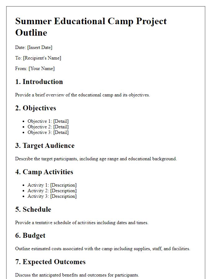 Letter template of outline for summer educational camp project.