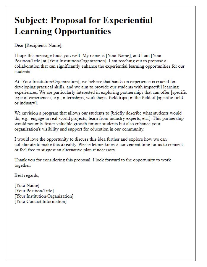 Letter template of pitch for experiential learning opportunities.