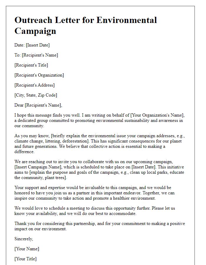 Letter template of outreach letter for environmental campaigns