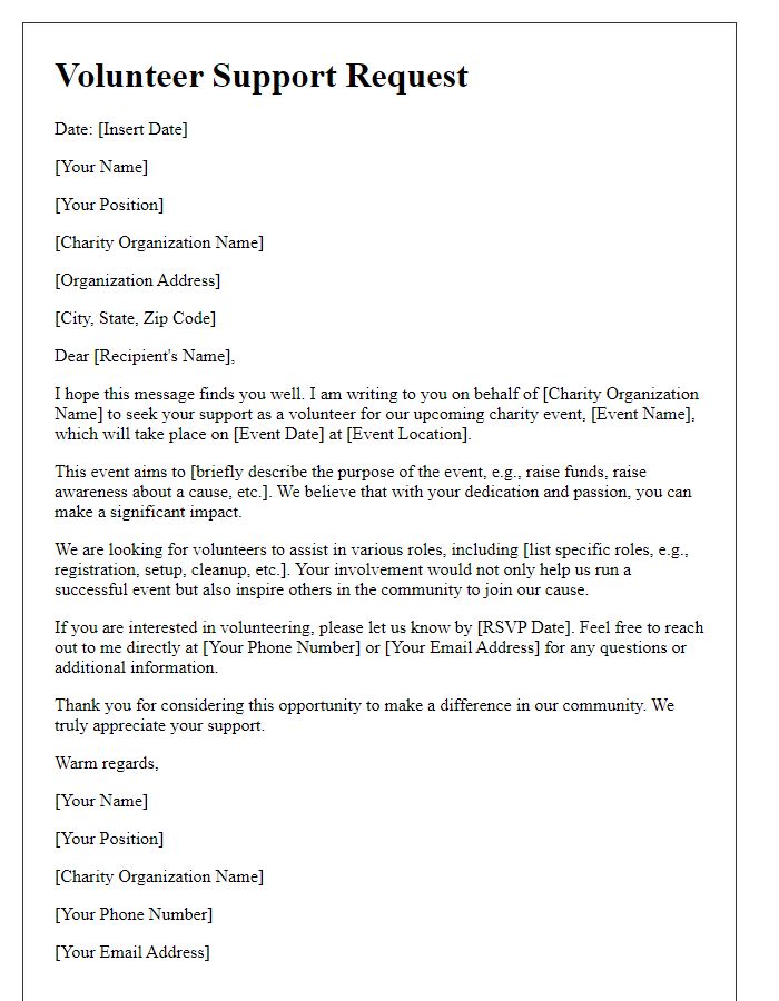 Letter template of volunteer support request for charity events