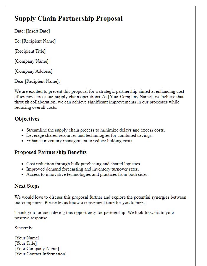 Letter template of a supply chain partnership proposal for cost efficiency.