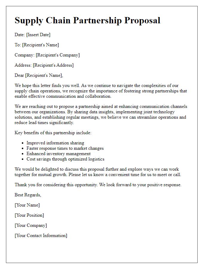 Letter template of a supply chain partnership proposal for improved communication.