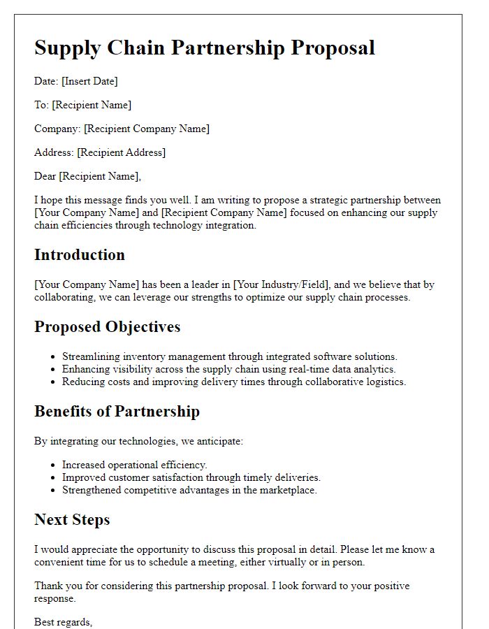 Letter template of a supply chain partnership proposal for technology integration.