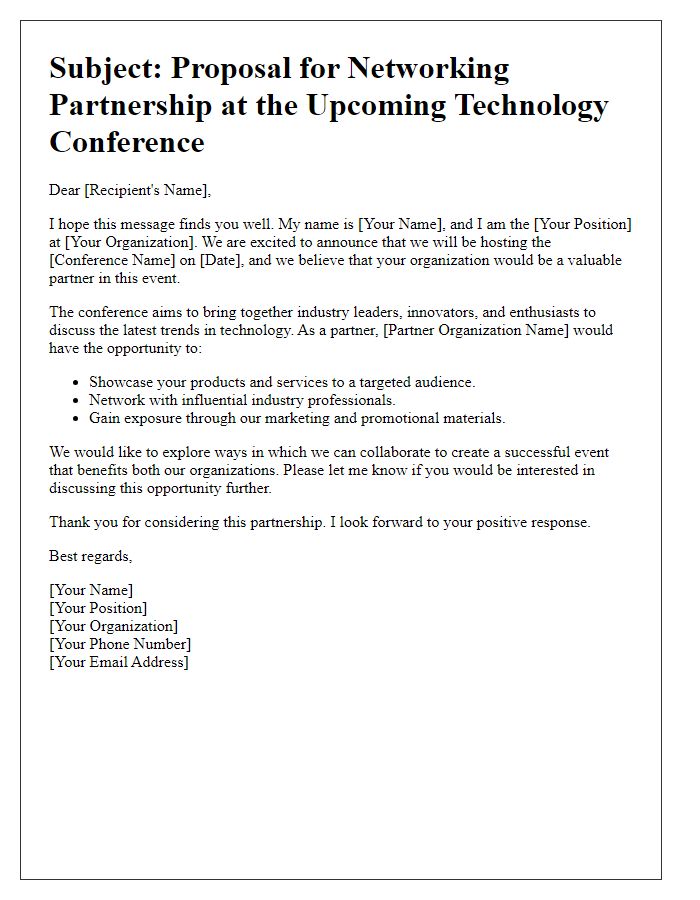 Letter template of networking partnership for technology conference.