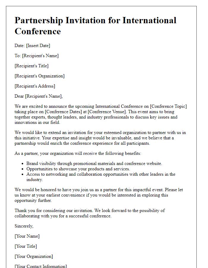 Letter template of partnership invitation for international conference.