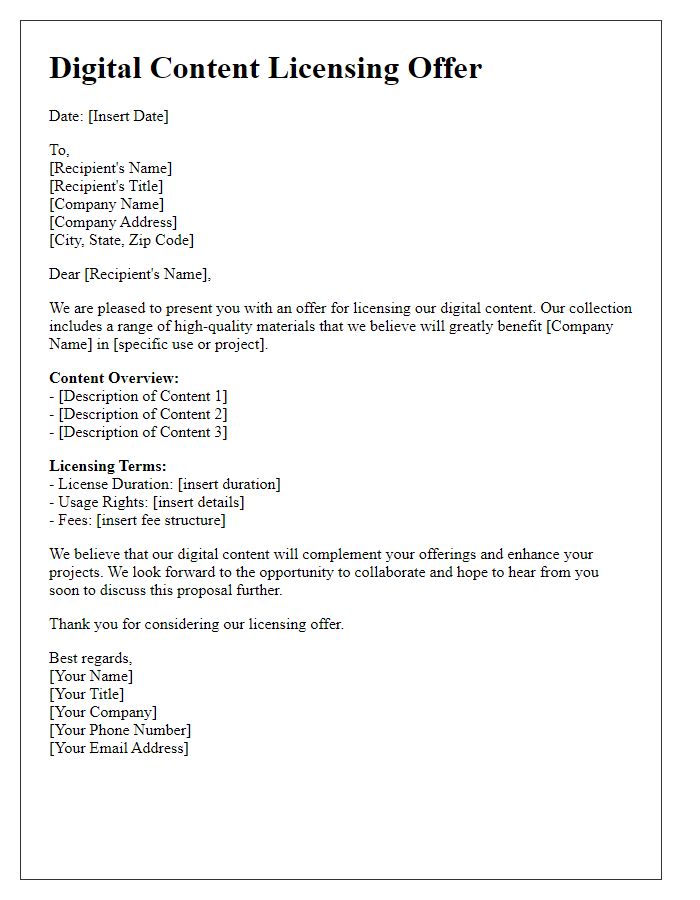 Letter template of digital content licensing offer