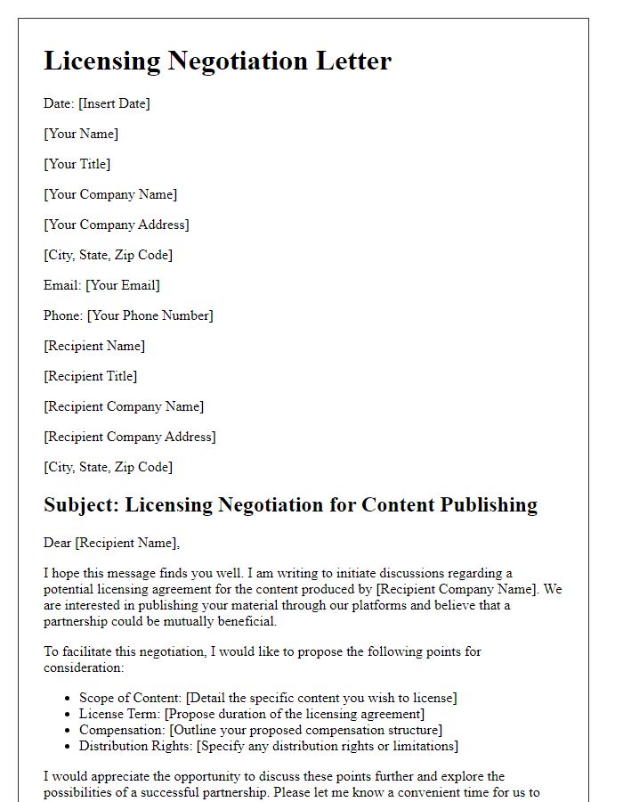 Letter template of licensing negotiation for content publishing