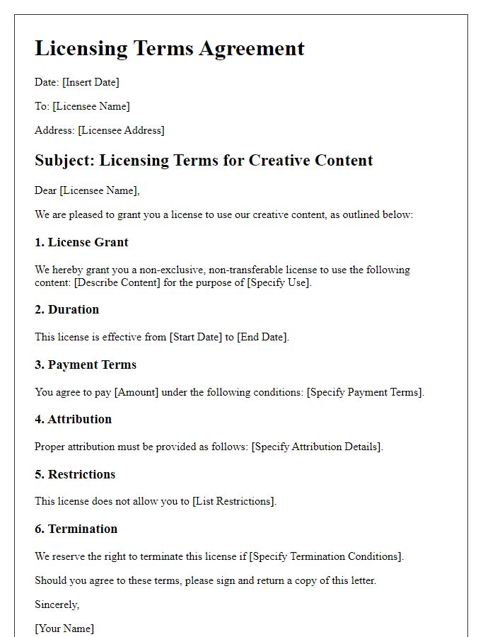 Letter template of licensing terms for creative content