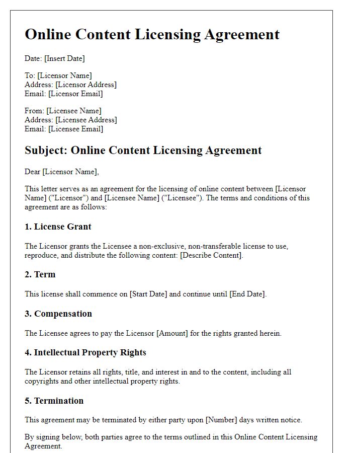 Letter template of online content licensing agreement