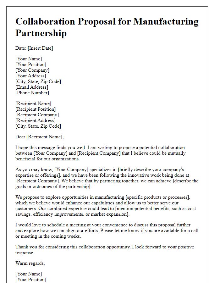 Letter template of collaboration proposal for manufacturing partnership