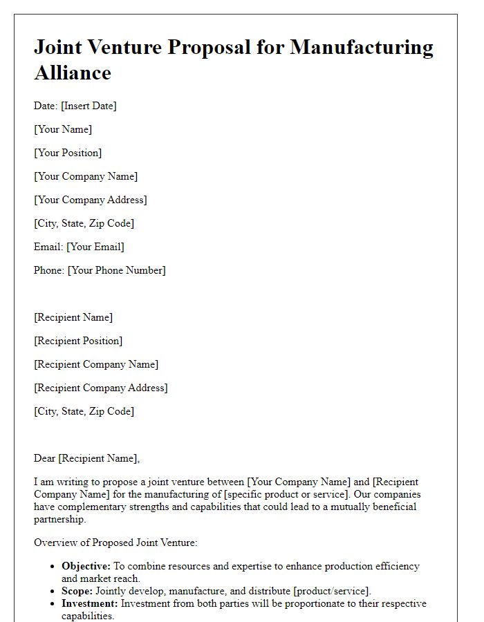 Letter template of joint venture proposal for manufacturing alliance