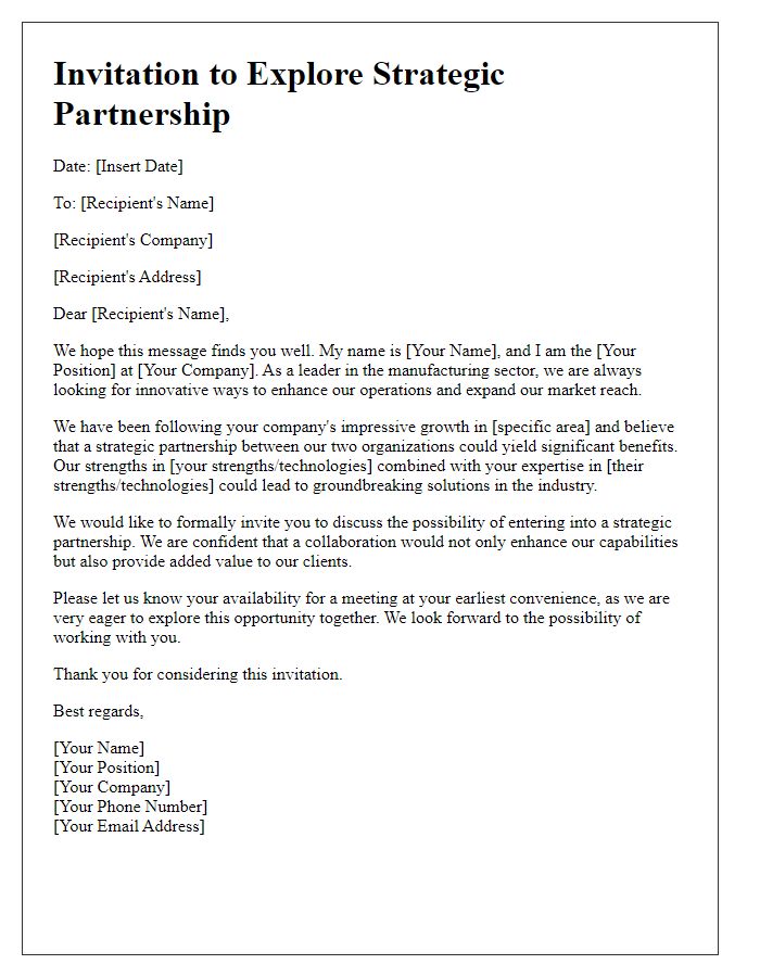 Letter template of strategic partnership invitation for manufacturing sector