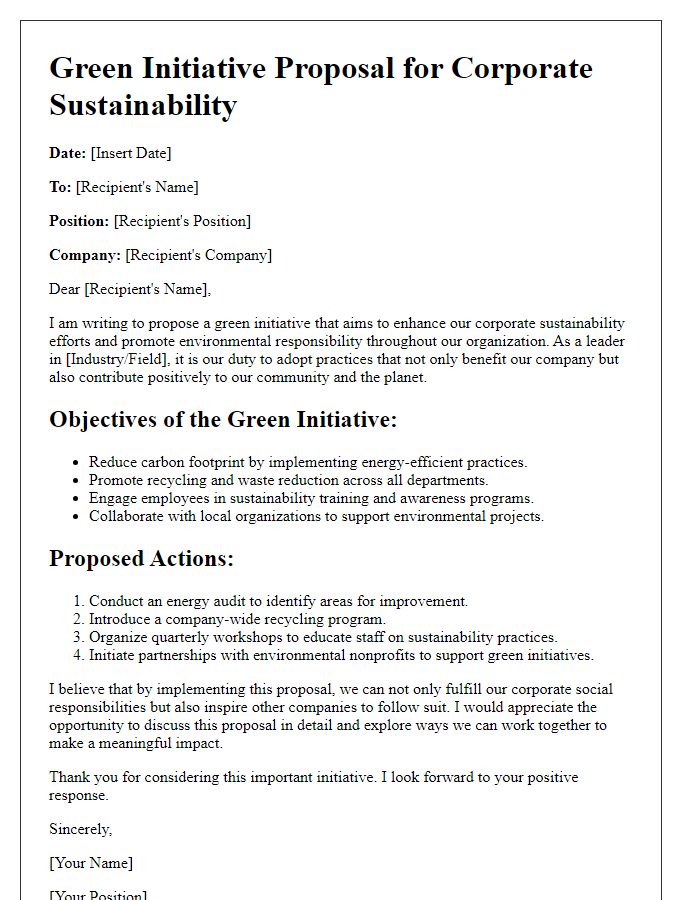 Letter template of green initiative proposal for corporate sustainability