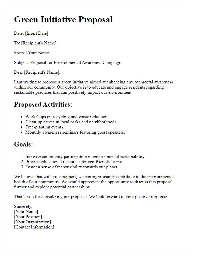 Letter template of green initiative proposal for environmental awareness campaigns