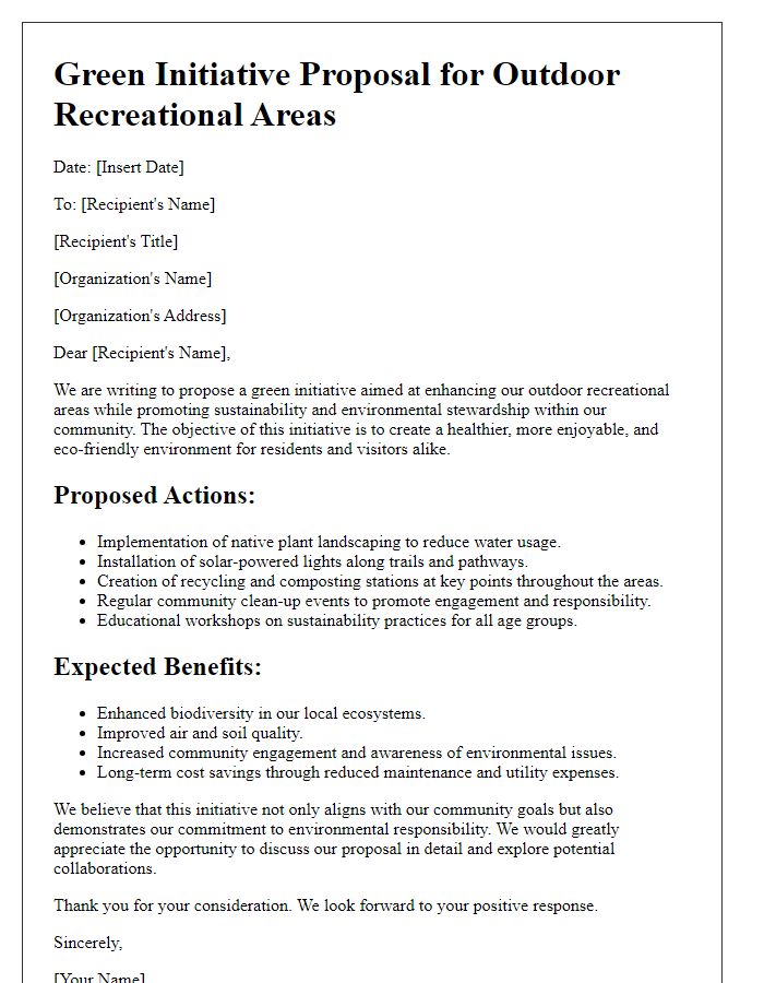 Letter template of green initiative proposal for outdoor recreational areas