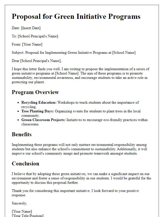 Letter template of green initiative proposal for school programs