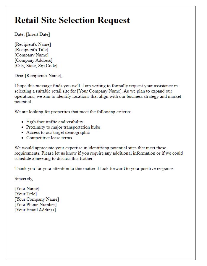 Letter template of retail site selection request