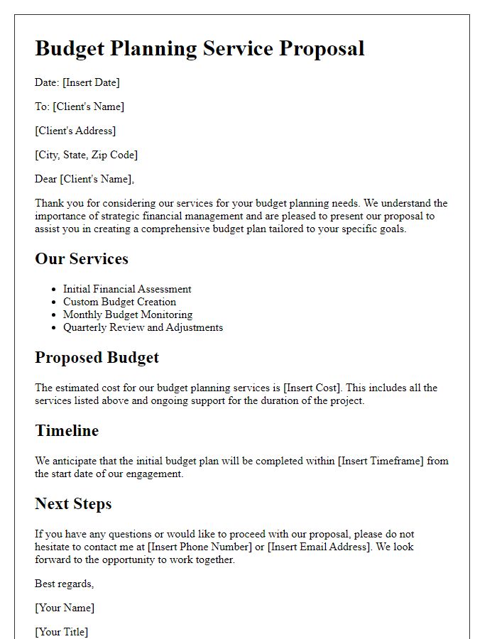 Letter template of budget planning service proposal