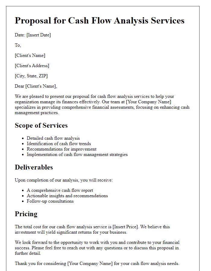 Letter template of cash flow analysis service proposal