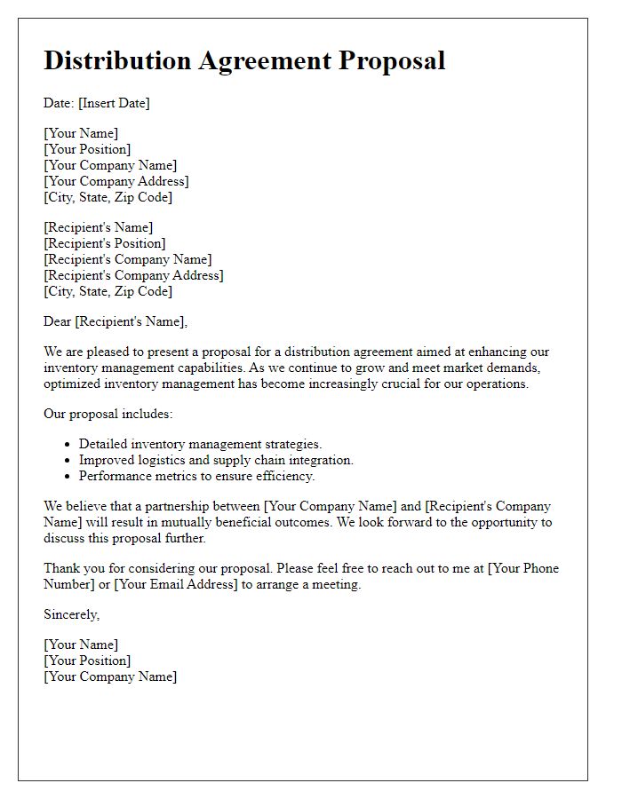 Letter template of distribution agreement proposal for increased inventory management