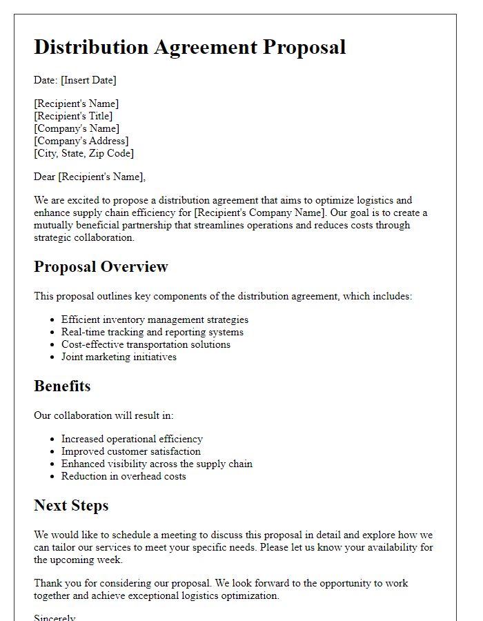 Letter template of distribution agreement proposal for logistics optimization