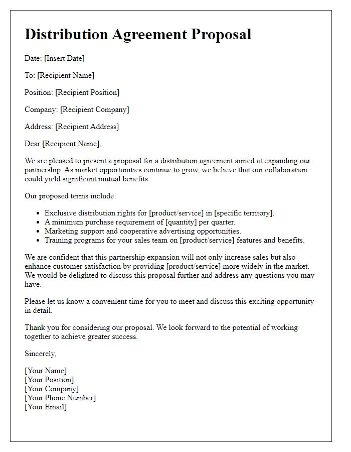 Letter template of distribution agreement proposal for partnership expansion