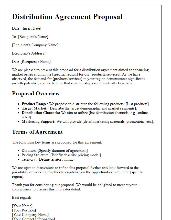 Letter template of distribution agreement proposal for regional market penetration