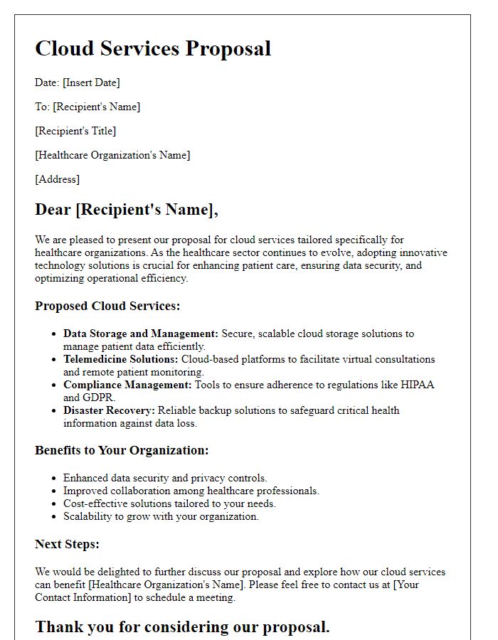 Letter template of cloud services proposal for healthcare organizations