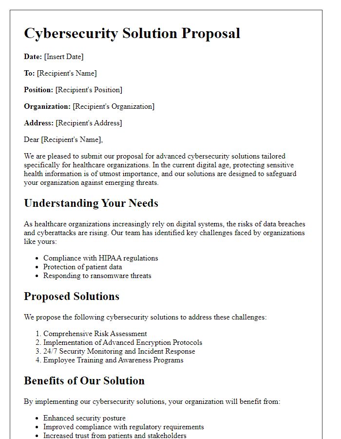 Letter template of cybersecurity solution proposal for healthcare organizations