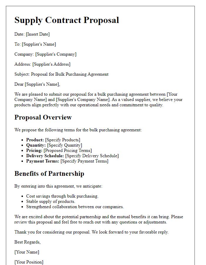 Letter template of supply contract proposal for bulk purchasing agreement